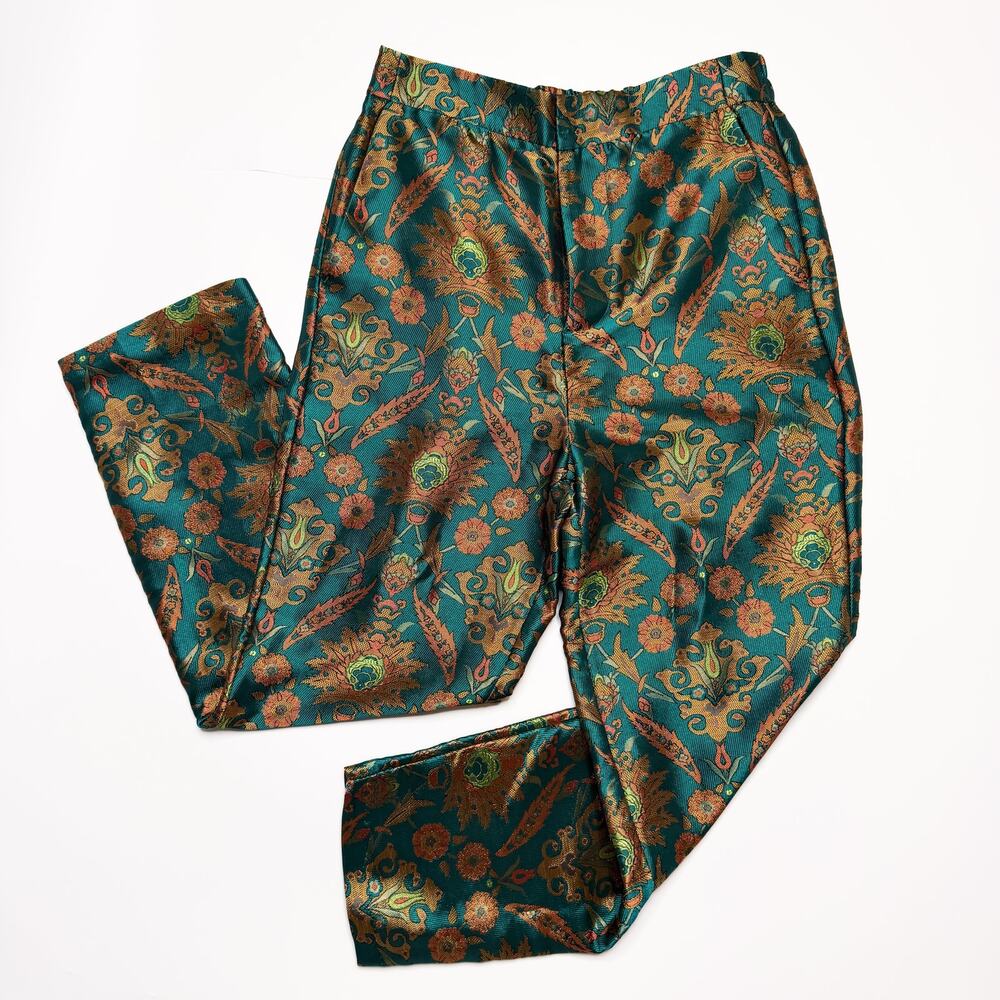 Anthropologie Maeve Melyssa Jacquard Jade Gold Metallic Paisley Trouser Pants XS - Picture 3 of 16